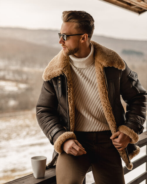 Reaper unit worldwide Men’s Brown B3 Flying Aviator Shearling Leather Long Jacket Coat