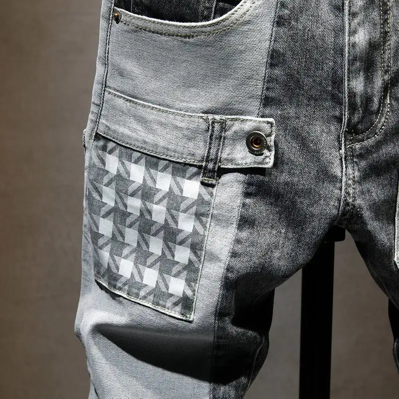 Reaper unit worldwide Streetwear 90s Slim Cowboy Grey Stretch Work Wear Splice Long Pants Man