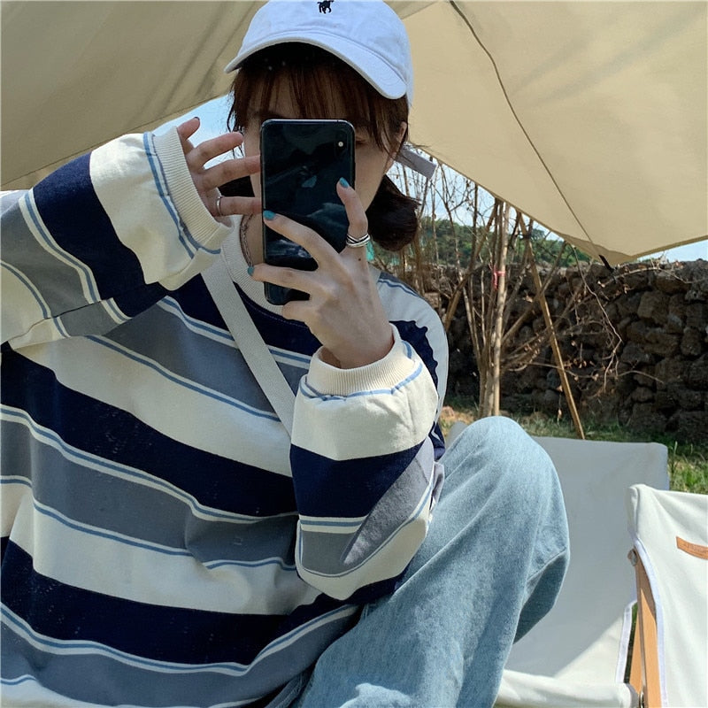 Reaper unit worldwide Striped POLO Shirt Men Women Casual Loose Couple BF Lapel Sweatshirts
