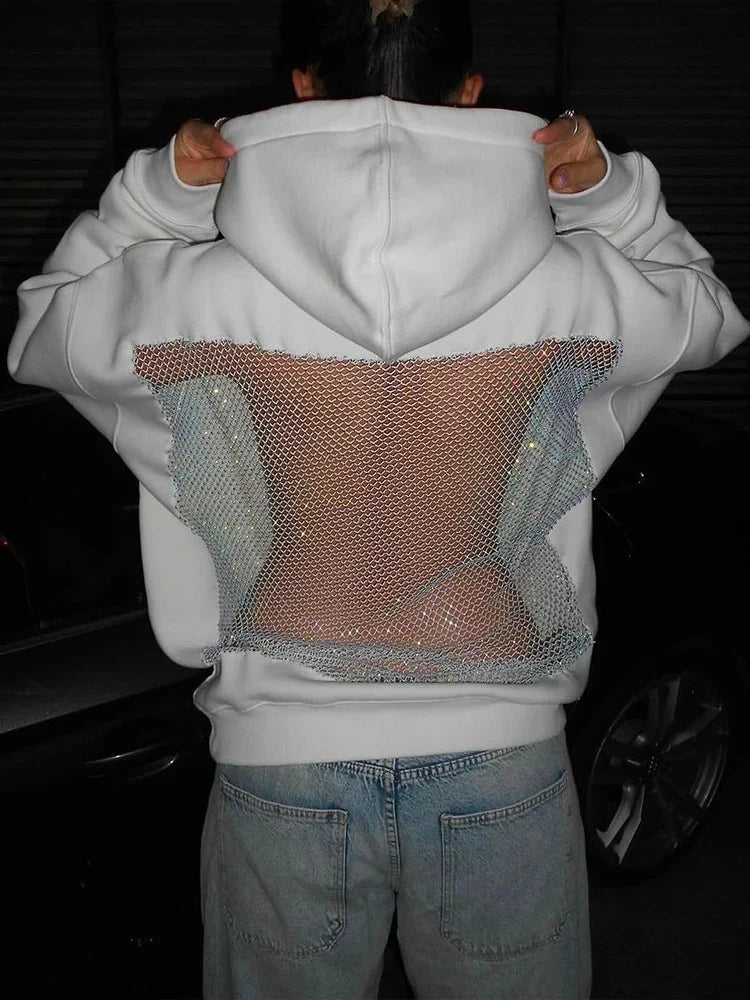 Sisterlinda Hooded Harajuku Sweatshirt Women Autumn Trend Backless ShinyThrea Mesh Patchwork Casual Street Hipster Pulloverr