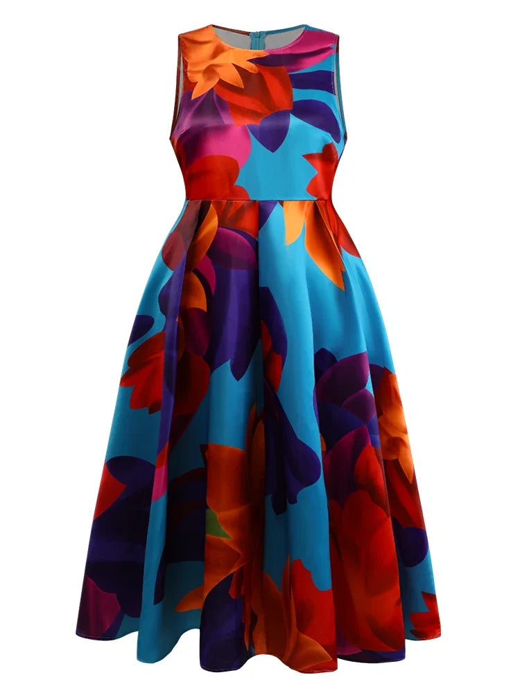 Women's Plus Size Dress Sleeveless Pleated A-Line Party Evening Maxi Dresses Floral Printed Casual Vintage Round Neck Dress