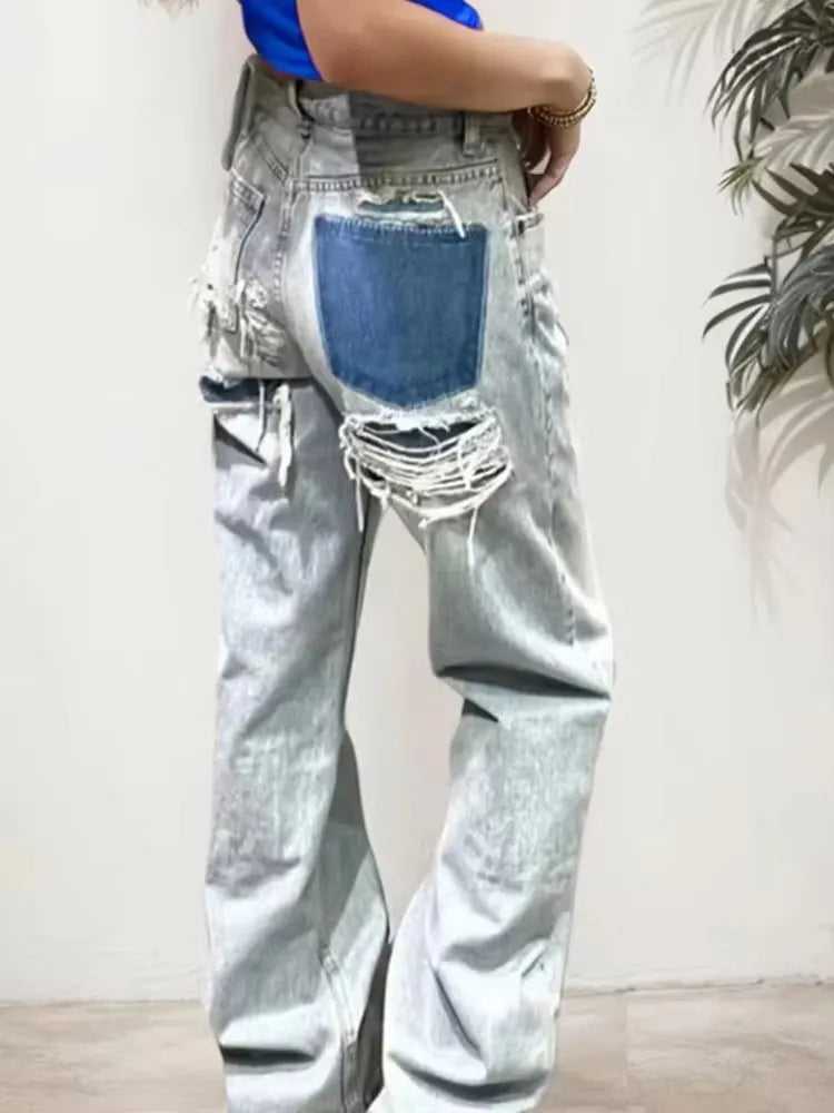 HH Jeans For Women Fashion Vintage Holes Decorated Denim Pant Patchwork High Waist Trousers Y2K 2024 High Street Lady Jeans