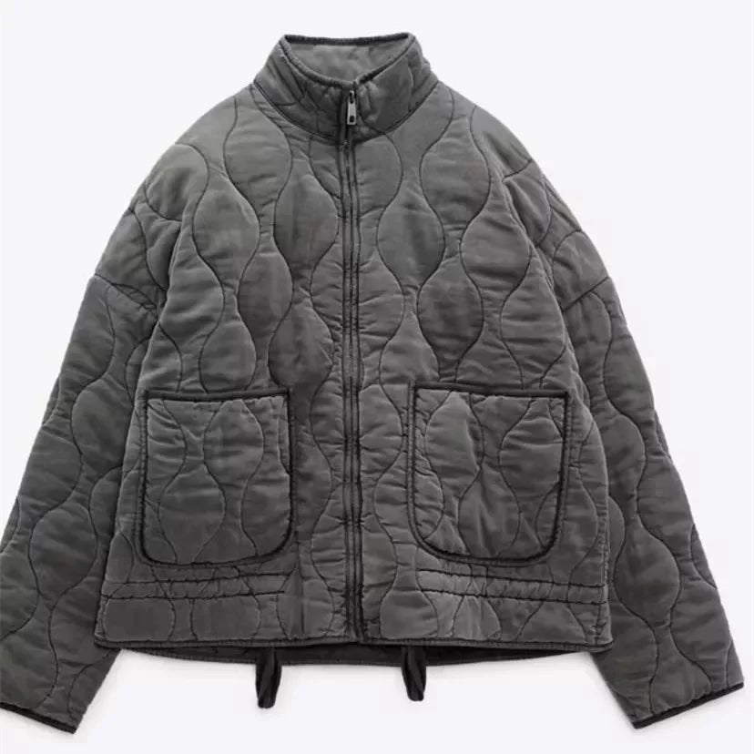 Women's Polyester Padded Jacket 2026New Arrival Vintage Lenzing Rayon High Collar Large Pocket Decorative Quilted Coat for Women