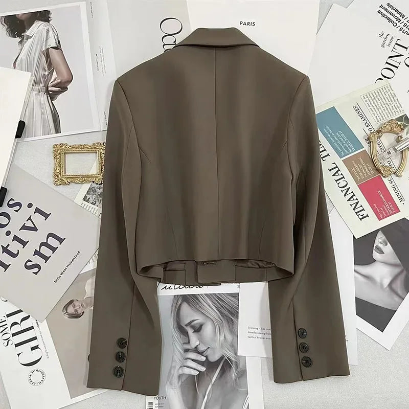 Black Cropped Blazers Woman Trend 2024 New All-match Notched Collar Crop Jacket Women Korean Chic Single Button Suit Coat