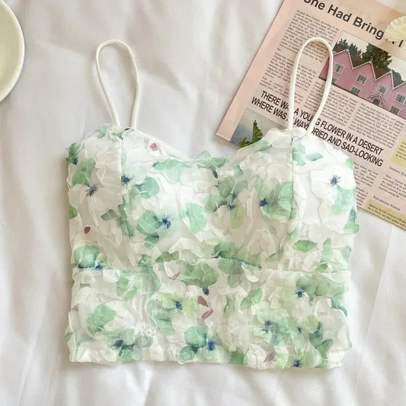 Fashion Sweet Floral Corset Vest Office Lady Beach Style Sleeveless Blouse Women Vintage Lace Slim Crop Top