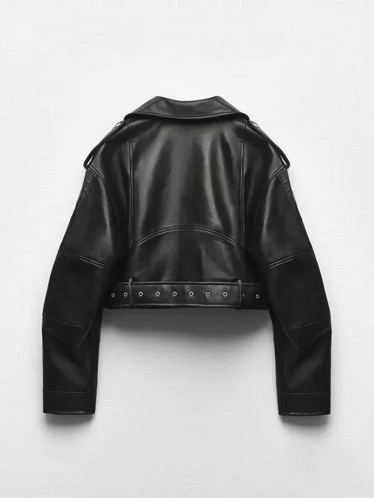 BBWM Women Oversized Vintage Loose Pu Faux Leather Short Jacket with Belt Streetwear Female Zipper Retro Moto Biker Coat Outwear