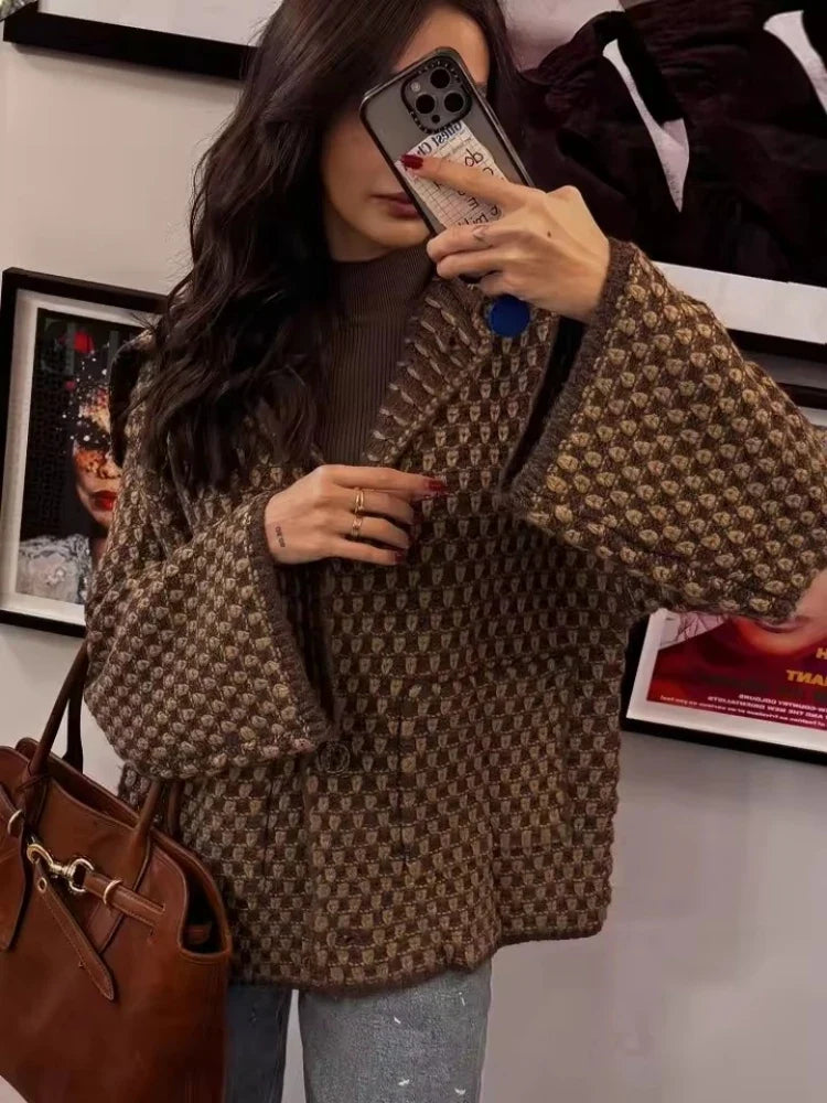 2025 New Autumn Brown Long Sleeve Knitted Cardigans Women Elegant Lapel Single Breasted Loose Sweater Coat Knitwear Korean Style