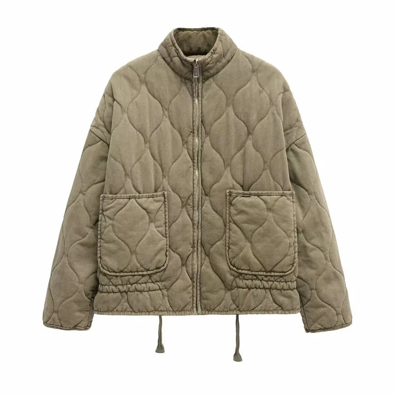 Women's Polyester Padded Jacket 2026New Arrival Vintage Lenzing Rayon High Collar Large Pocket Decorative Quilted Coat for Women