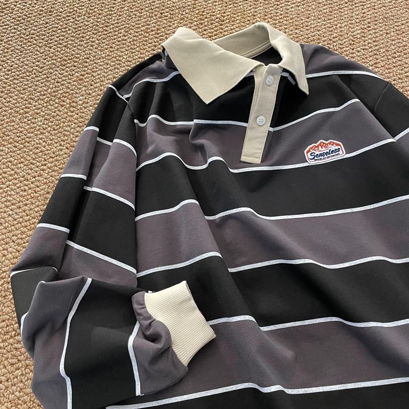 Reaper unit worldwide Striped POLO Shirt Men Women Casual Loose Couple BF Lapel Sweatshirts