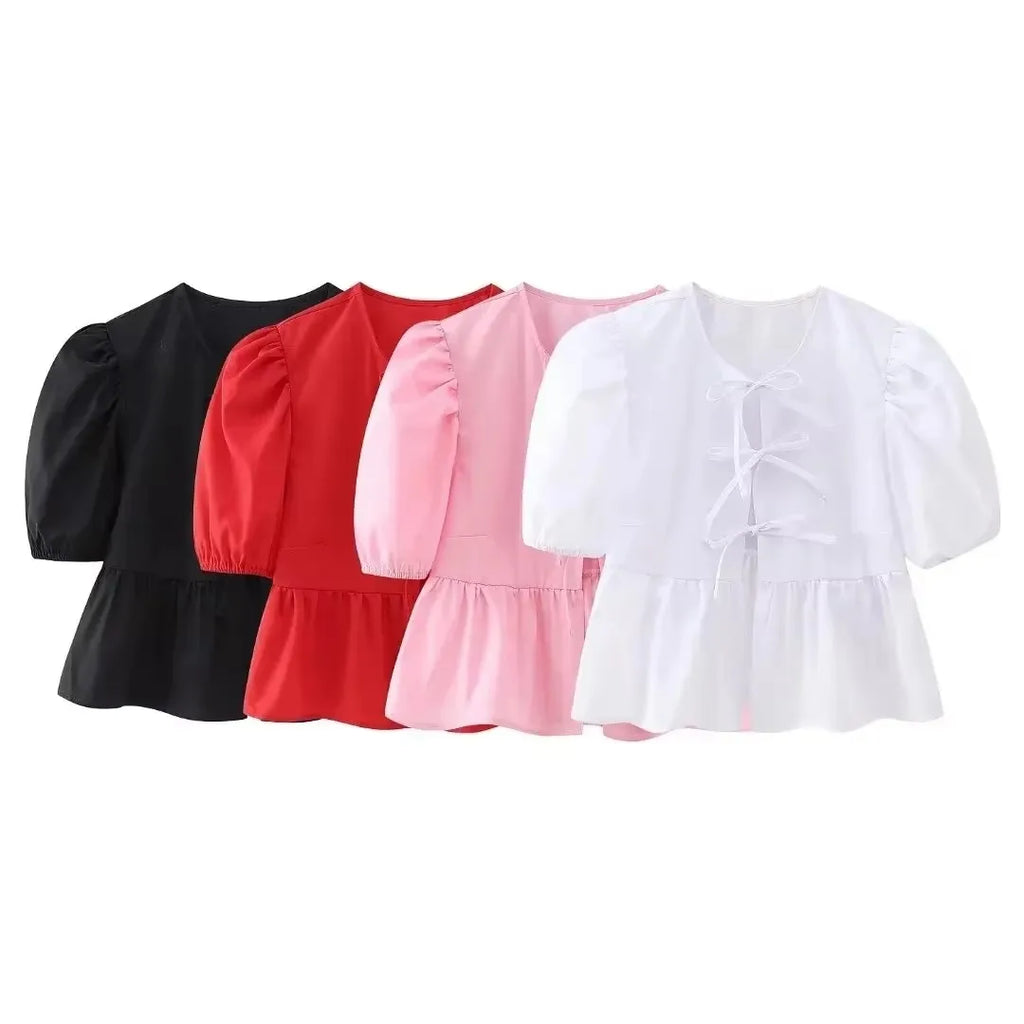 HH Fashion Solid Hollow Out Shirt Women Causal O Neck Short Sleeved Lace Up Tops Chic Female Casual Blouse Streetwear 2024