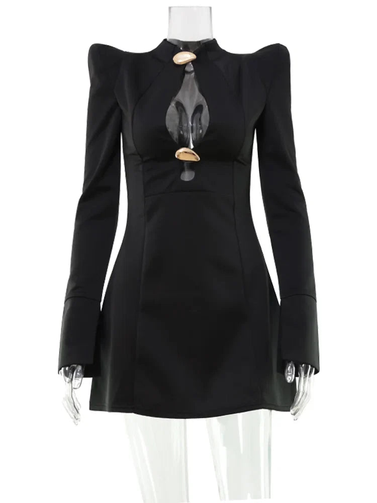CNYISHE Metal Buckle Hollow Out Women Dresses Autum Fashion Solid O Neck Sheath Long Sleeve Sexy Club Female Bodycon Chic Robes