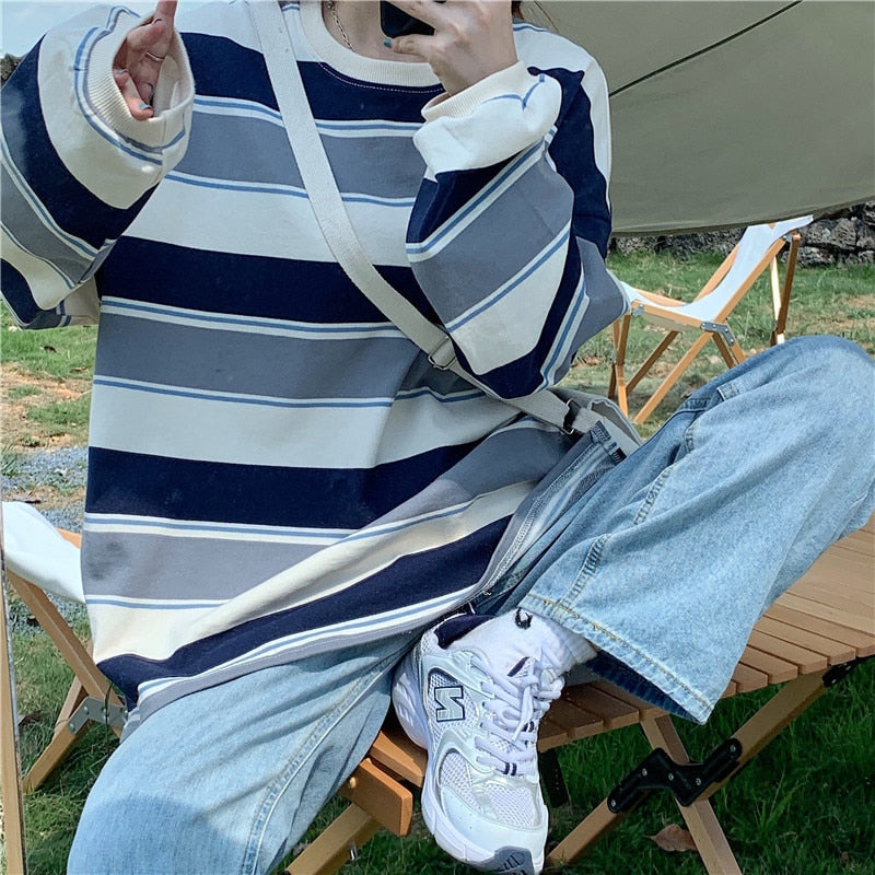 Reaper unit worldwide Striped POLO Shirt Men Women Casual Loose Couple BF Lapel Sweatshirts