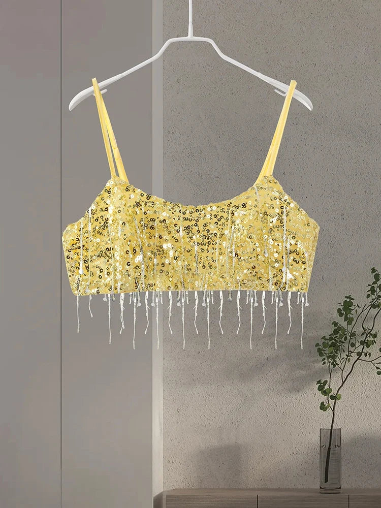 Sexy Tassel Chains Women's Set Elegant Solid Sequins Hip Package Female Party Mini Skirts Summer Holiday Lady Outfit Beachwear