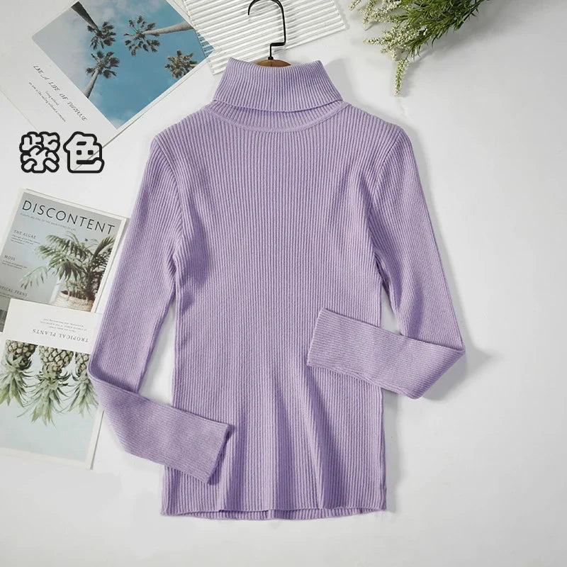 2026 Simple Women Turtleneck Sweater Winter Fashion Pullover Elastic Knit Ladies Jumper Casual Solid Black Female Basic Tops