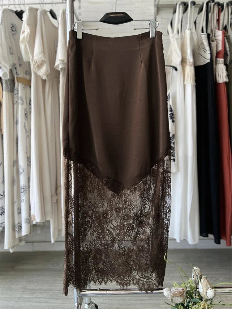 Women Patchwork Lace Skirts 2026 New Vintage High Waist Slim Hollow Out Maxi Skirts Autumn Brown Fashion Party Club Boho Skirt