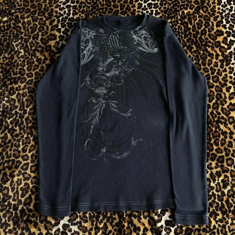 Y2K Grunge Cyber Mall Goth Thermal T-shirt Skulls Graphic Print Long Sleeve Pullovers Tops Women 90s Vintage Aesthetic Tees