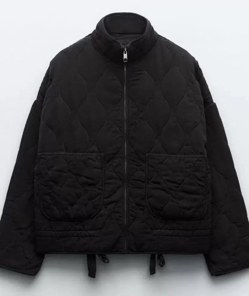 Women's Polyester Padded Jacket 2026New Arrival Vintage Lenzing Rayon High Collar Large Pocket Decorative Quilted Coat for Women