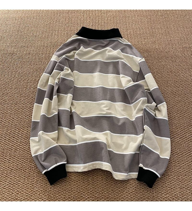Reaper unit worldwide Striped POLO Shirt Men Women Casual Loose Couple BF Lapel Sweatshirts