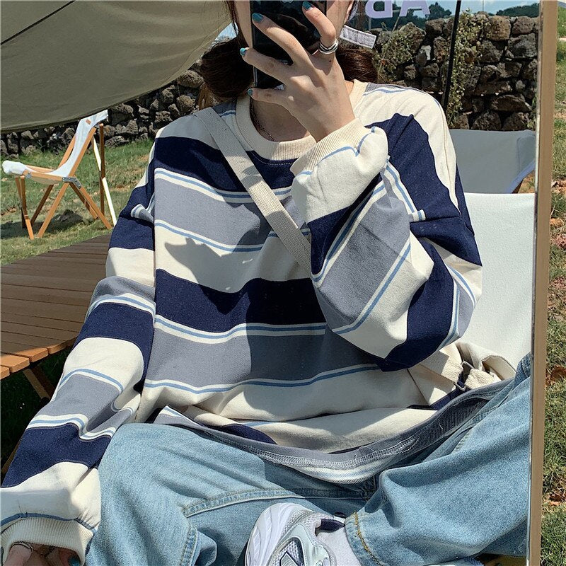 Reaper unit worldwide Striped POLO Shirt Men Women Casual Loose Couple BF Lapel Sweatshirts