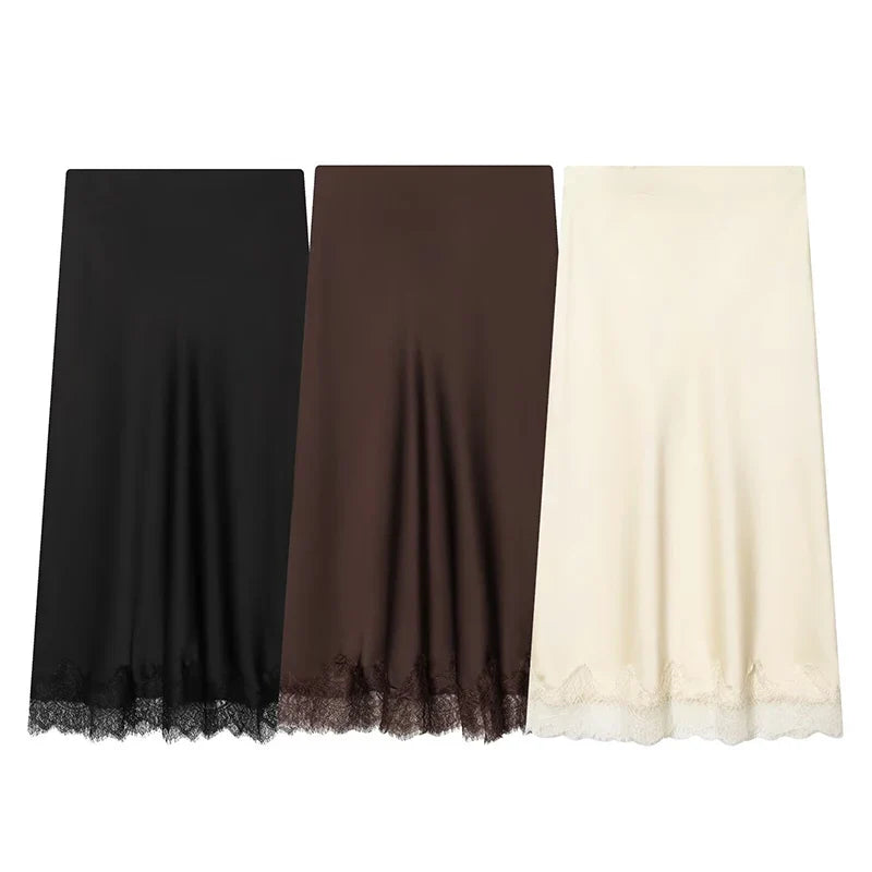 Women's Skirts Fashion Lace Decoration Satin Midi Skirt Vintage Women High Waist Long Skirts