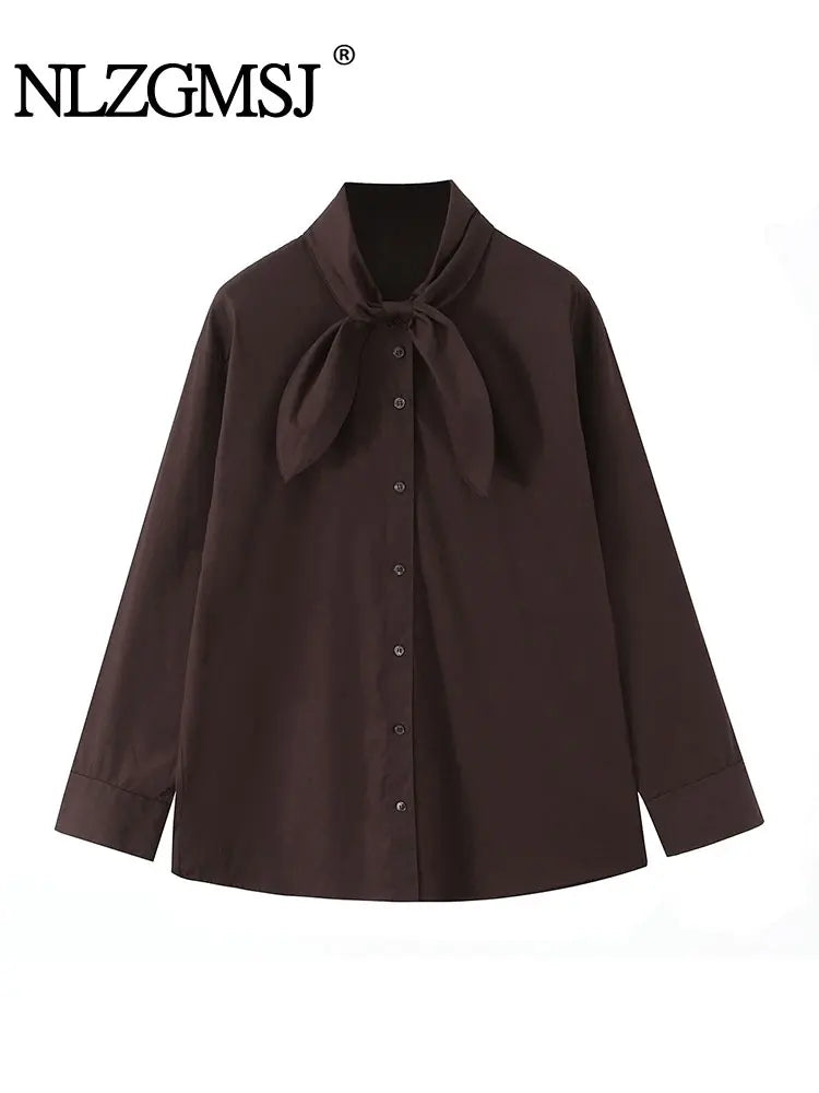 NLZGMSJ Woman Scarf Shirts 2025 Autumn Elegant Office Lady Loose Chic Slim Daily Full Sleeve Daily Shirts