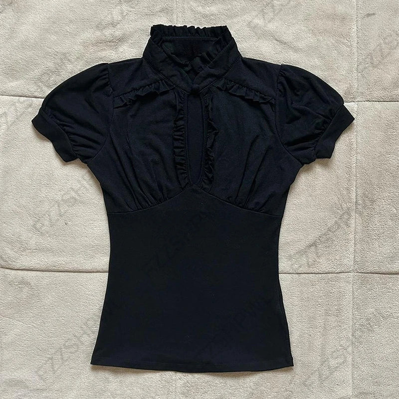 Vintage Slim Lace T-shirt Solid Color Casual Pattern Commuter High Street Fashion Y2K Cropped Top Trash Punk hop Women's T-shirt