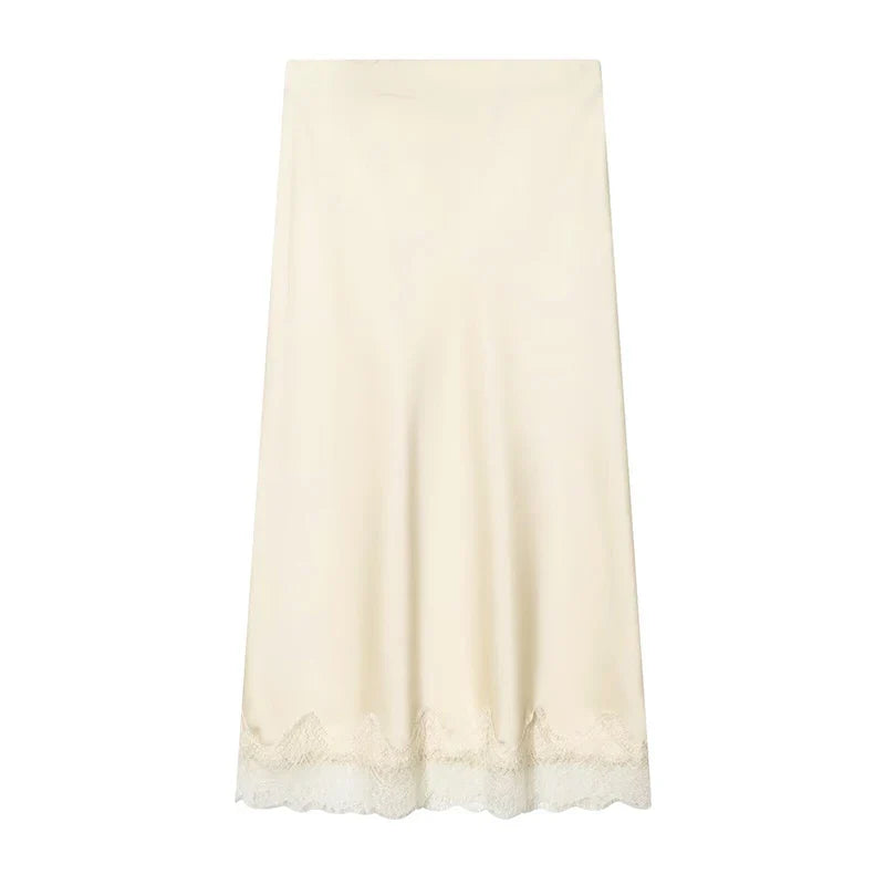 Women's Skirts Fashion Lace Decoration Satin Midi Skirt Vintage Women High Waist Long Skirts