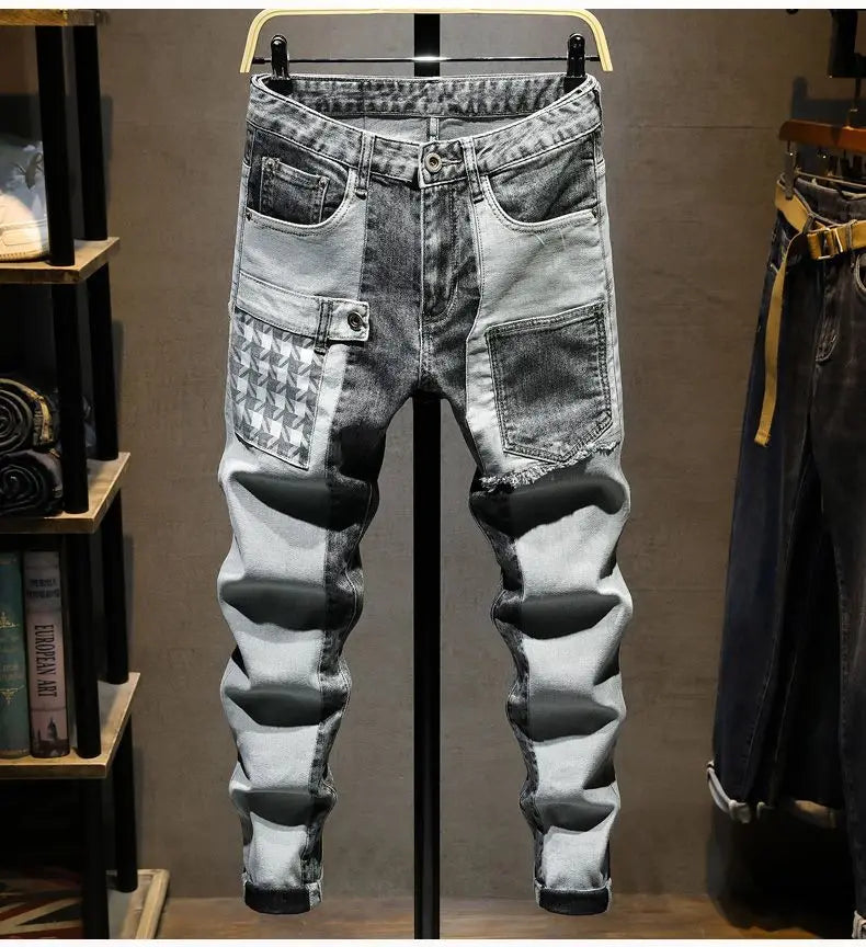Reaper unit worldwide Streetwear 90s Slim Cowboy Grey Stretch Work Wear Splice Long Pants Man