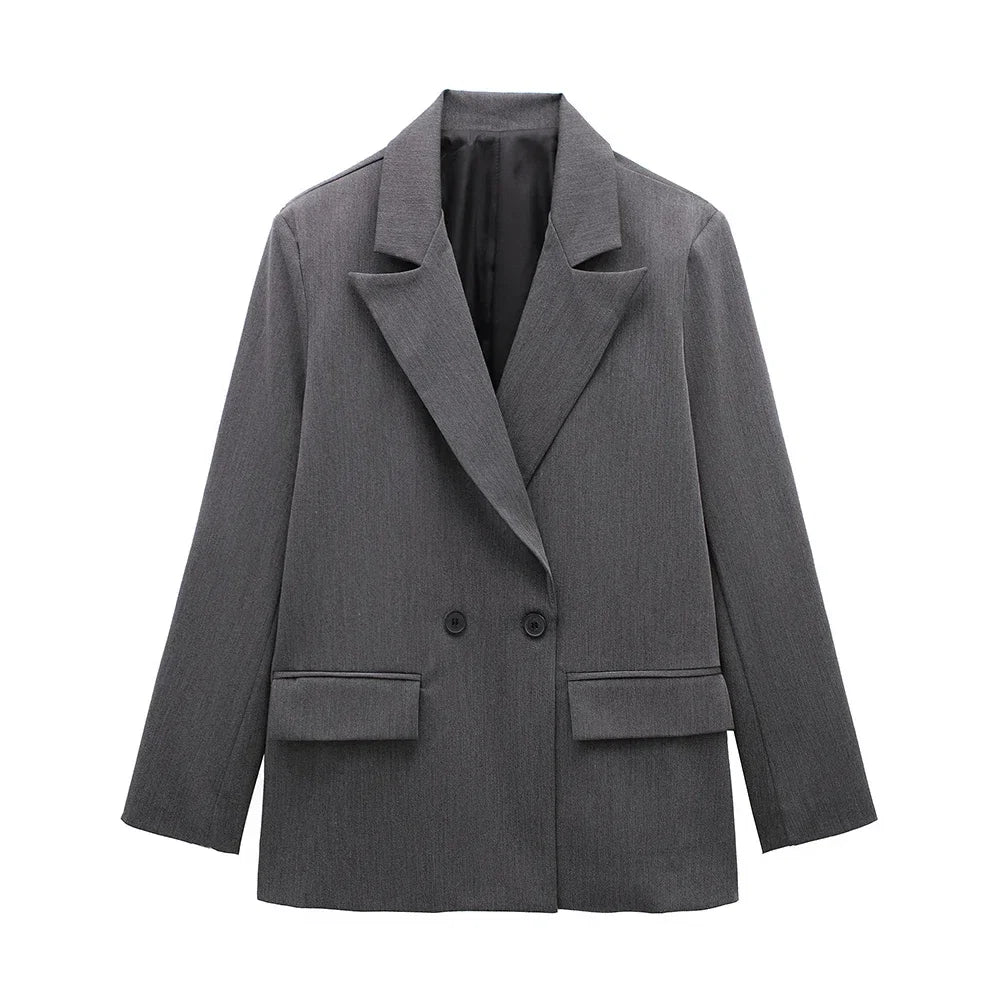 Willshela Women Fashion With Pockets Solid Double Breasted Blazer Vintage Long Sleeves Notched Neck Female Office Lady Outfits