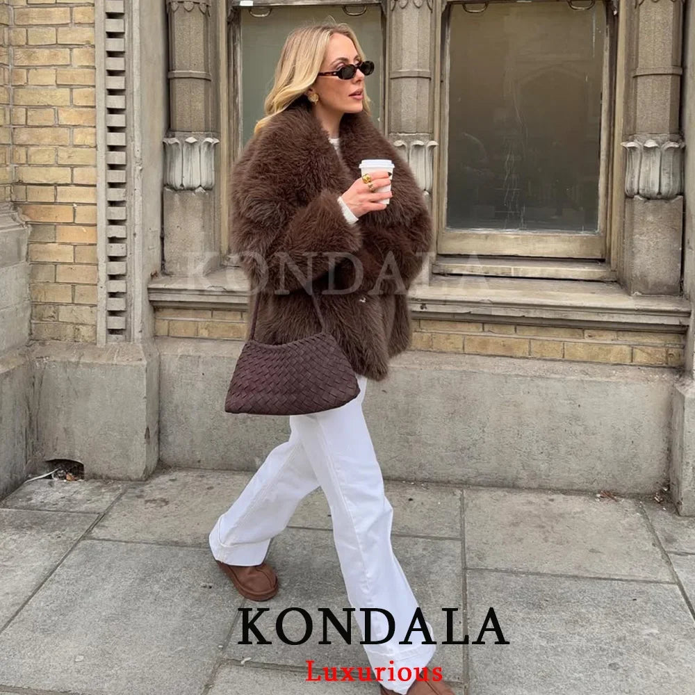 KONDALA Casual Brown Thick Fur Jackets Women Long Sleeve V Neck Autumn Winter Faux Fur Coats Fashion 2025 Streetwear Outwears