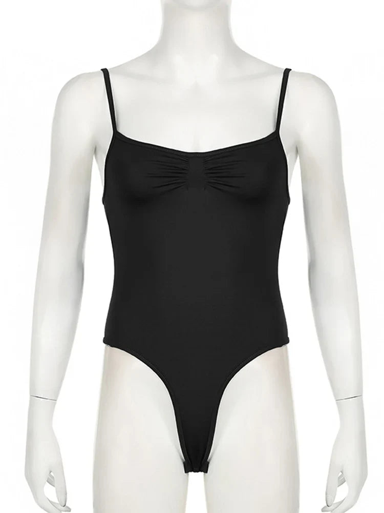 Sweetown Women's Sleeveless Skinny Shirring Bodysuit Black Spaghetti Strap Solid Simple Basic Sexy Camisole for Vacation