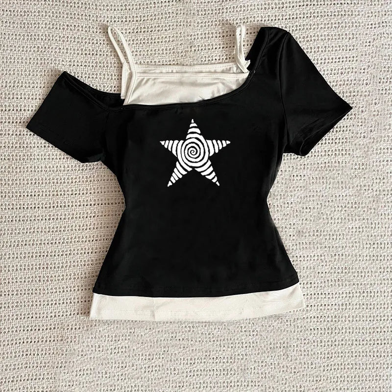 Women's Harajuku 2025 Summer Casual T-Shirt Y2K Retro Streetwear Halter Neck Print Fake Two-Piece Set Fashionable Street Style