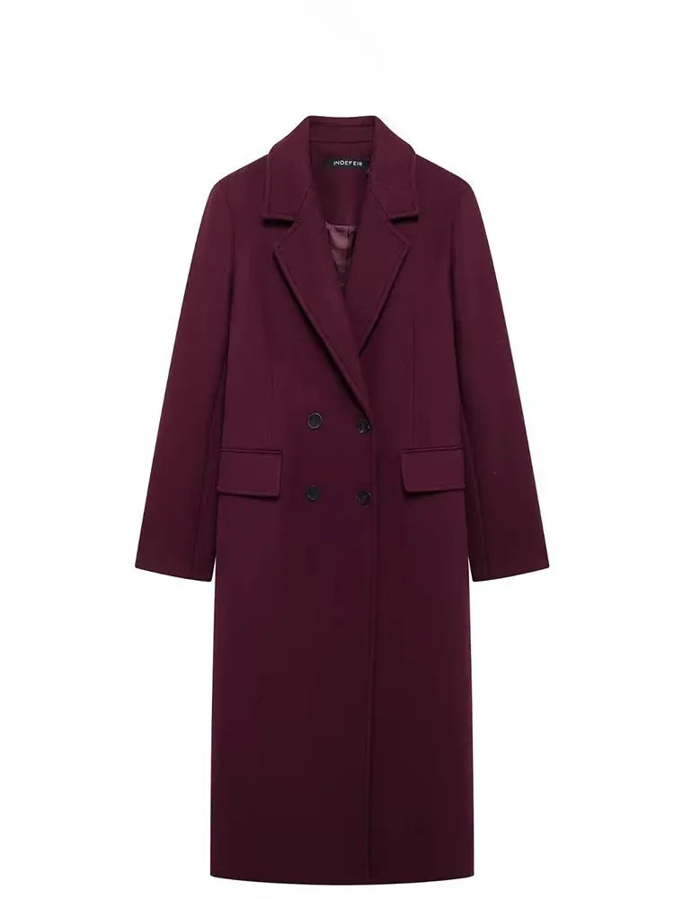 HH Women Fashion Burgundy Coat Double Breasted Long Sleeve Lapel Blends Jacket Autumn Winter High Street Outerwear