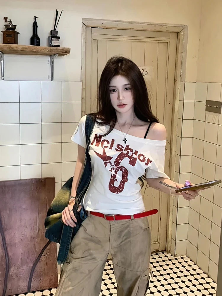 Y2k Sport Summer Off shoulder Top Women Sexy Vintage 2000s Short sleeve T shirt  Lady Body Basic Crop Top Female Casual