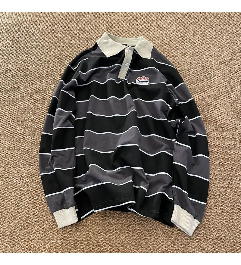 Reaper unit worldwide Striped POLO Shirt Men Women Casual Loose Couple BF Lapel Sweatshirts