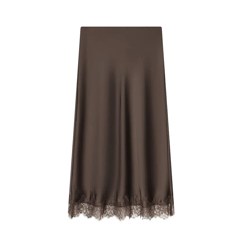 Women's Skirts Fashion Lace Decoration Satin Midi Skirt Vintage Women High Waist Long Skirts