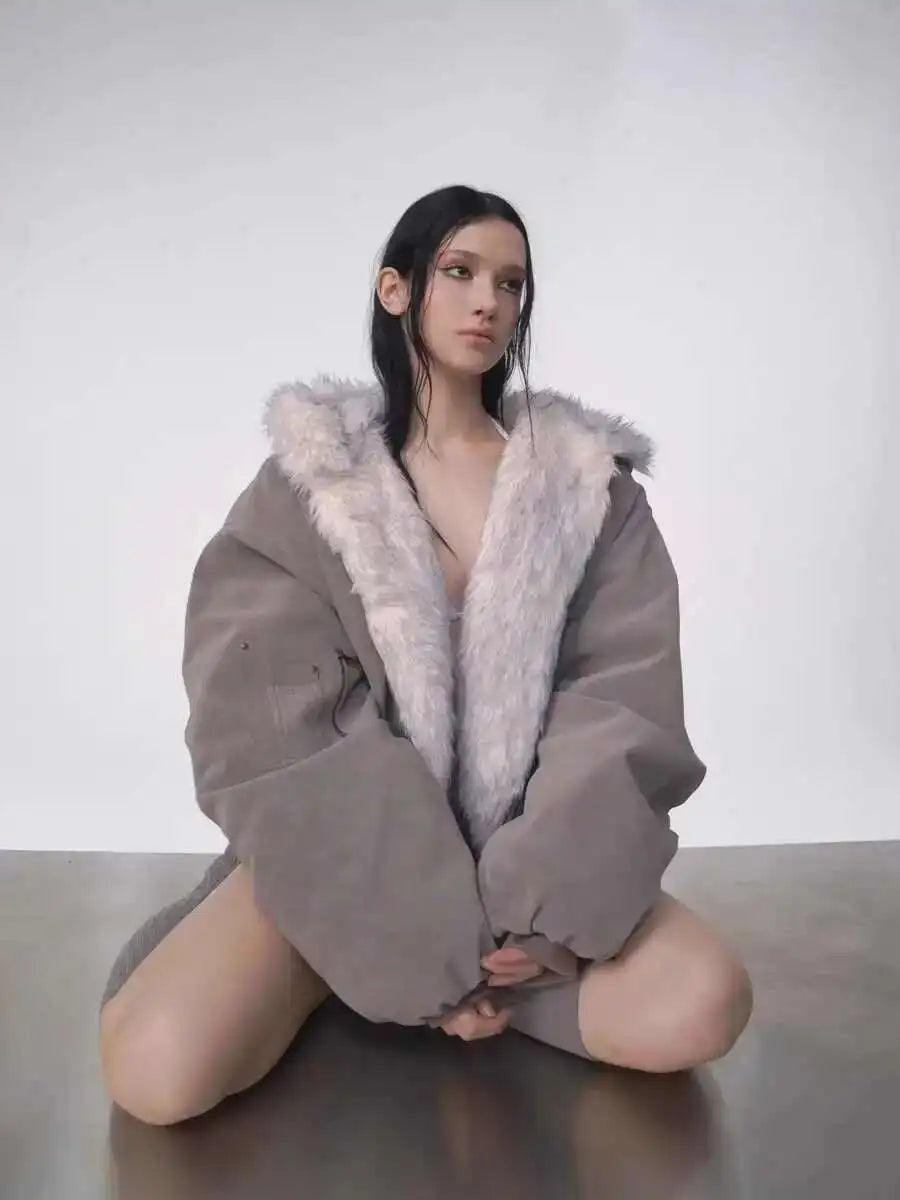 Winter American Retro Fur Coat Women Padded Hooded Cotton-Padded Jacket Plush Casual Street Gothic Harajuku Oversize Coat