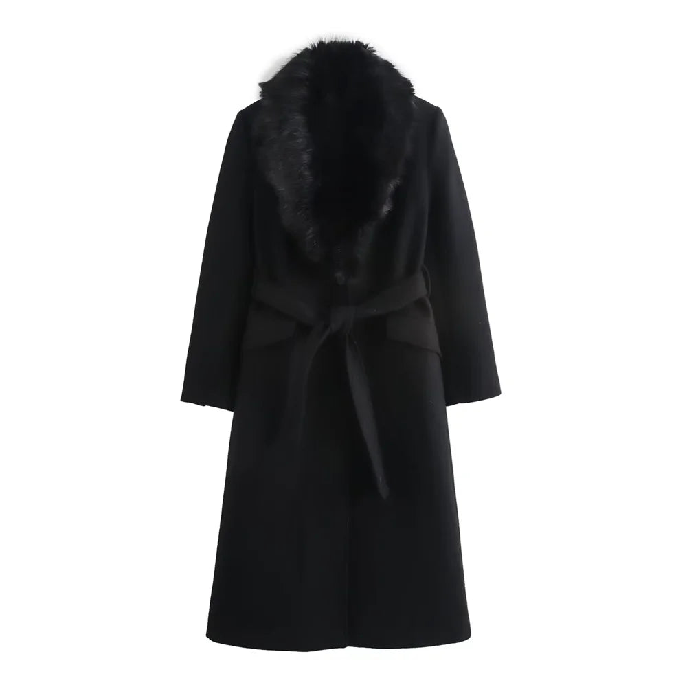 Women's Belt Warm Fur Collar Coat Flip Collar Pocket Button Decoration Autumn/Winter New Women's Wear