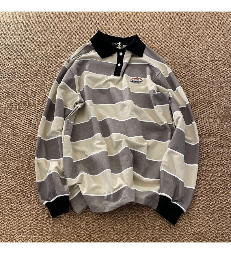 Reaper unit worldwide Striped POLO Shirt Men Women Casual Loose Couple BF Lapel Sweatshirts