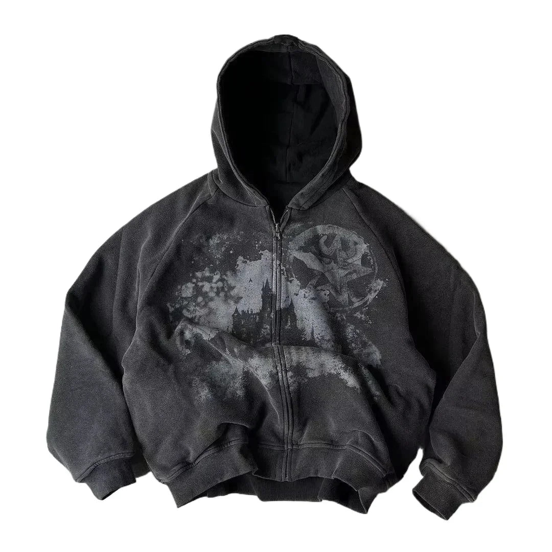 American Y2K New Hip Hop Trend Zipper Hoodie Women Street Casual Loose Joker Vintage Sweatshirt Unisex Fleece Padded Warm Hoodie