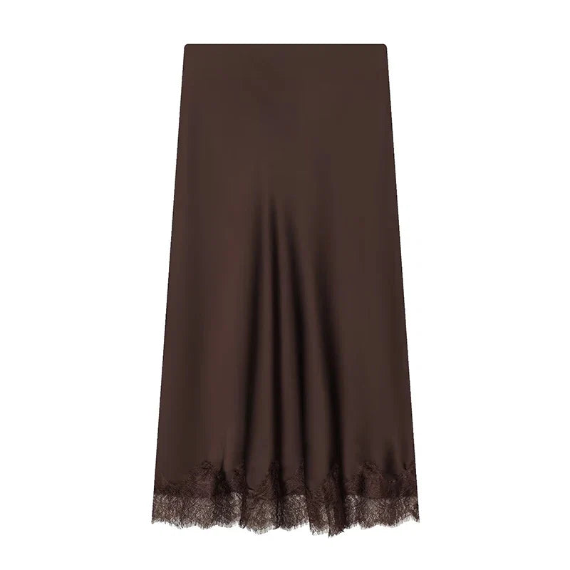 Women's Skirts Fashion Lace Decoration Satin Midi Skirt Vintage Women High Waist Long Skirts