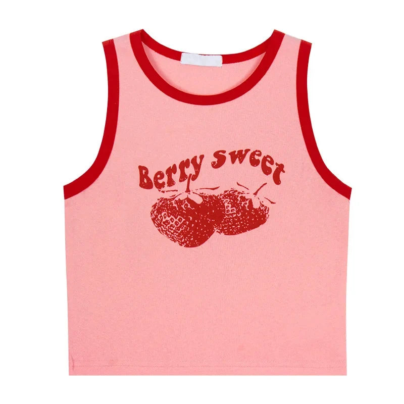 2024 Pink Print Y2k Tank Top Summer Off Shoulder O Neck Sleeveless Fashion 90s Vintage Crop Tops Women Casual Sexy