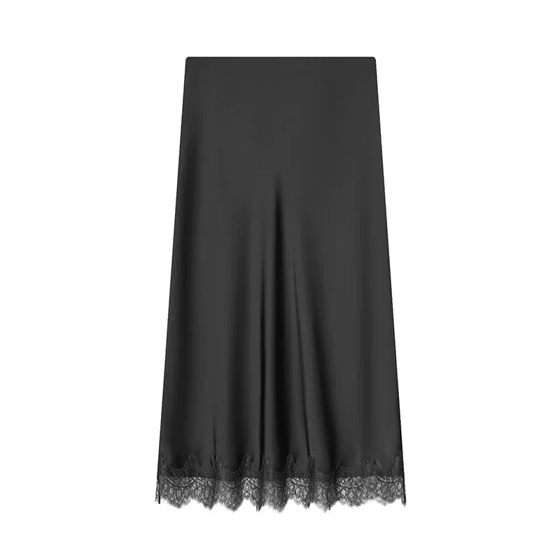 Women's Skirts Fashion Lace Decoration Satin Midi Skirt Vintage Women High Waist Long Skirts