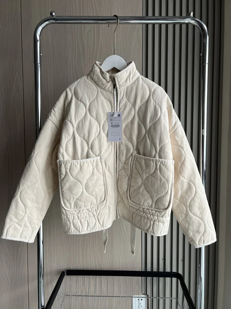 Women's Polyester Padded Jacket 2026New Arrival Vintage Lenzing Rayon High Collar Large Pocket Decorative Quilted Coat for Women