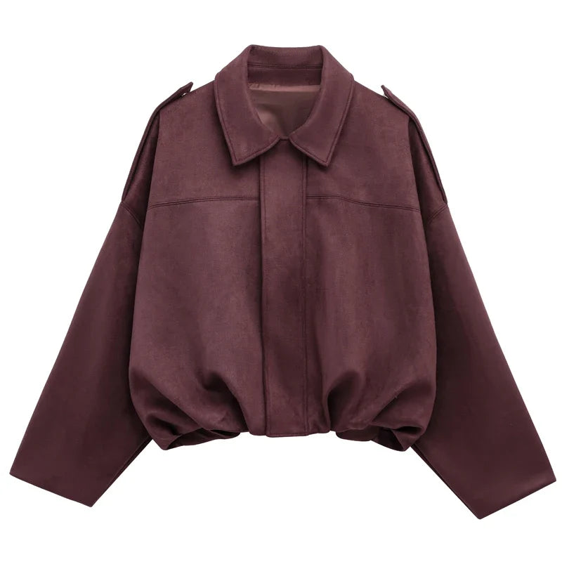 HXAO Women's Bomber Jacket Lapel Long Sleeve Zipper Suede Jacket Women 2025 High Street Cropped Racing Jackets Coats Outerwears