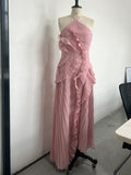 Chic pleated halter neck long vacation dress high quality purple strapless Lotus Edge Maxi Dress 2025 New Lady Vacation Gowns