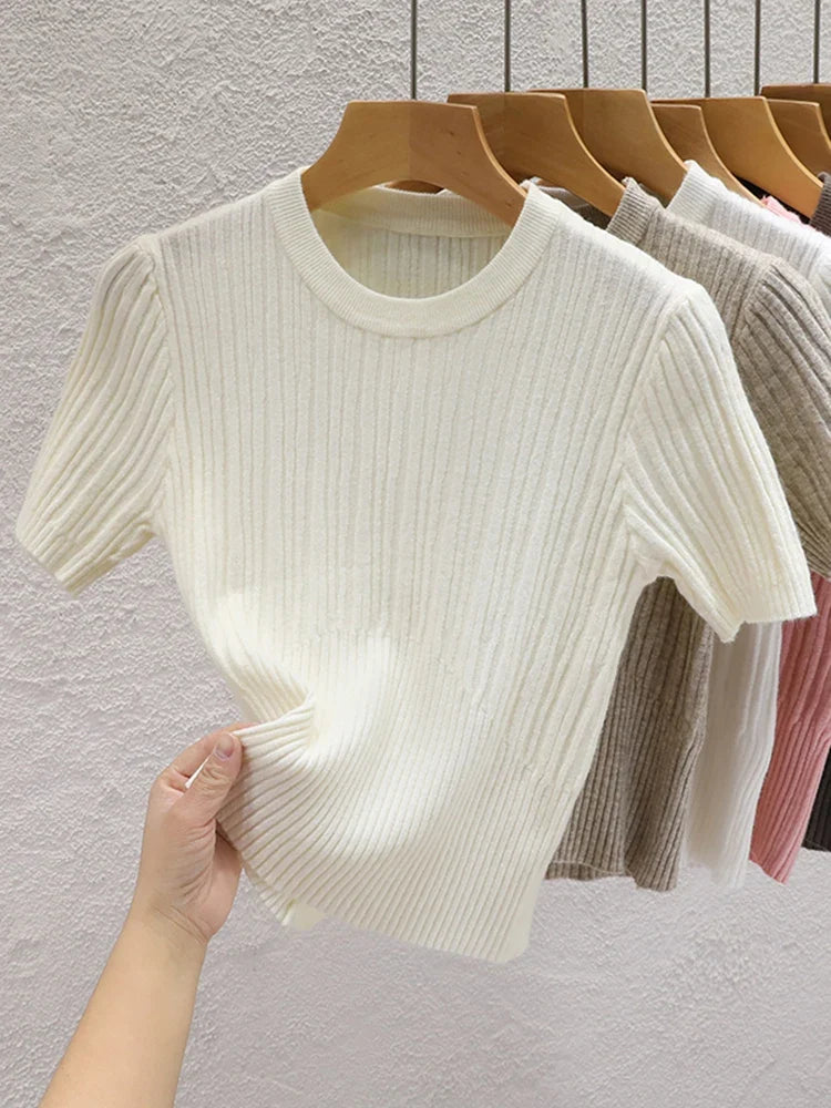 2026 Summer T shirts for Women Casual Female Korean Knit Streetwear Tees Basic Solid Young Cool Tops