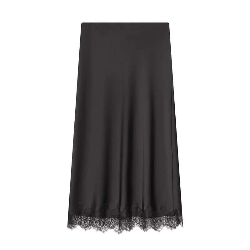 Women's Skirts Fashion Lace Decoration Satin Midi Skirt Vintage Women High Waist Long Skirts