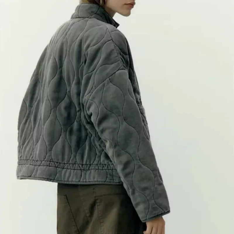 Women's Polyester Padded Jacket 2026New Arrival Vintage Lenzing Rayon High Collar Large Pocket Decorative Quilted Coat for Women