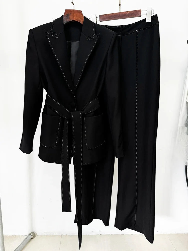 HIGH STREET Newest Fashion 2026 Designer Suit Set Women's Contrast Stitching Belted Blazer Pants Suit 2pcs